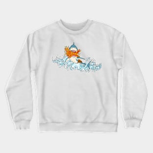 Great White Shark Breathing Fire Wearing Saddle Jumping with Waves Vintage Tattoo Style Crewneck Sweatshirt